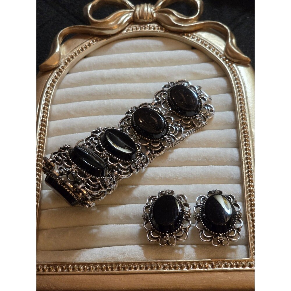 Emmons Vintage Silver Toned Filigree With Black Glass Cabachons Bracelet And...